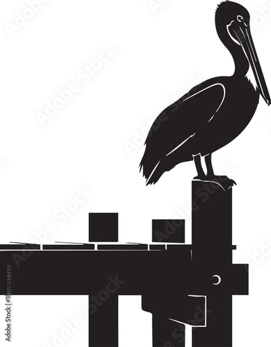 Silhouette of a majestic pelican perched on a wooden post near a dock
