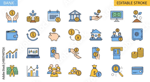 Comprehensive Collection of Sleek Line Icons Illustrating Modern Banking, Financial Transactions, Investment Growth, and Business Management Concepts