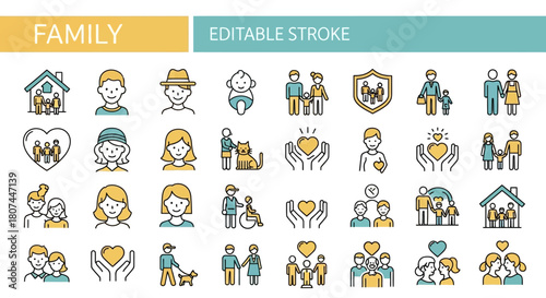 A modern and sleek line icon collection illustrating diverse family dynamics, loving relationships, home life, and community support through editable stroke graphics