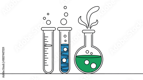 Three laboratory vessels with bubbling liquids and gas emitting from one flask on a white background.