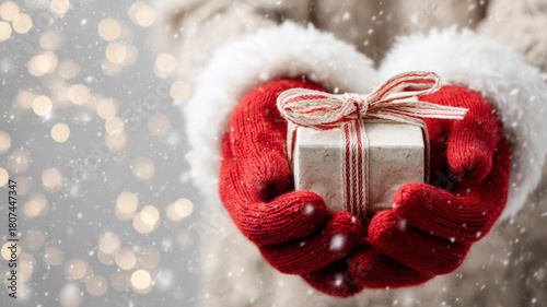 Close-up of hands wearing red Santa gloves holding a small wrapped gift, background softly blurred with lots of empty space.
