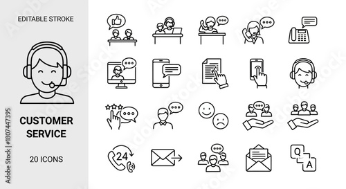 Customer Service Line Icons Set Support, Communication, and Solutions