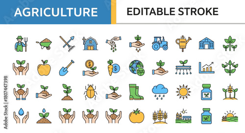 Agriculture icons representing farming, crops, and rural life with editable stroke graphics