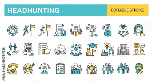Modern sleek line icons collection depicting headhunting, recruitment, career advancement, and human resource management concepts for business professionals