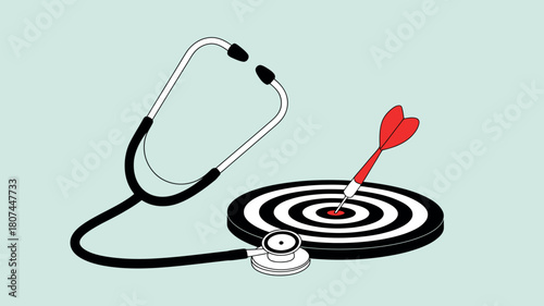 A stethoscope rests beside a dartboard with a dart in the bullseye, symbolizing medical success and achievement in healthcare goals.