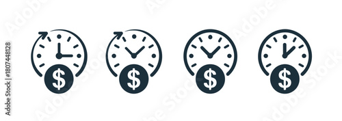 Four icons depict clocks with dollar signs, representing financial concepts like time is money, savings, or investment.