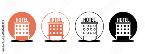 Four hotel icons are displayed, each featuring a simplified building with the word "HOTEL" above.