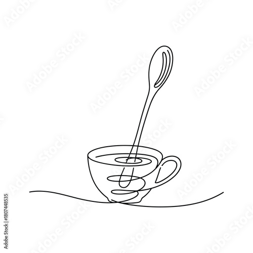 Minimalist line art drawing of a coffee cup with a spoon stirring
