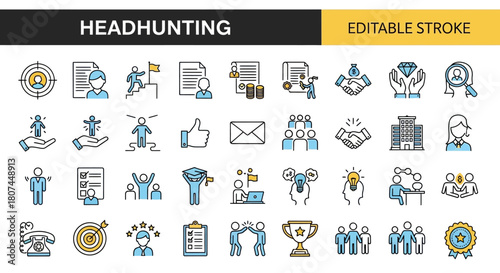Set of editable stroke outline icons for human resources, career development, and talent acquisition in a sleek line collection
