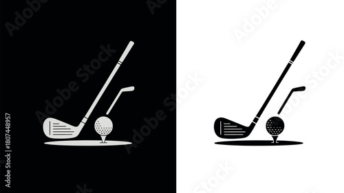 A graphic illustration shows a golf club and ball on a tee, presented in both black and white negative space.
