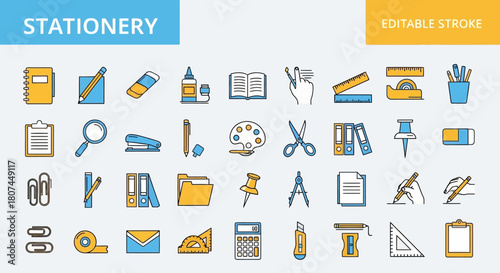 Collection of sleek line icons representing stationery, office equipment, and school supplies for business and education
