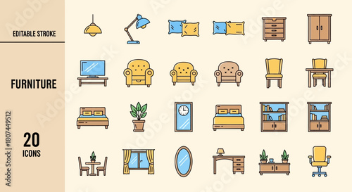 Collection of 20 editable stroke icons representing various furniture items for interior design and home decor
