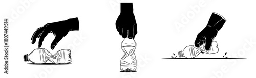Hand holding and crushing plastic bottle for recycling process  