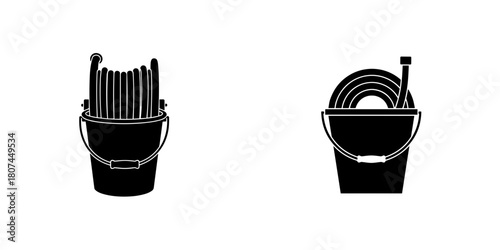 Garden hose in a bucket, black silhouette, minimalist design