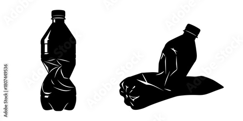 Crushed plastic bottle, black silhouette, minimalist design 