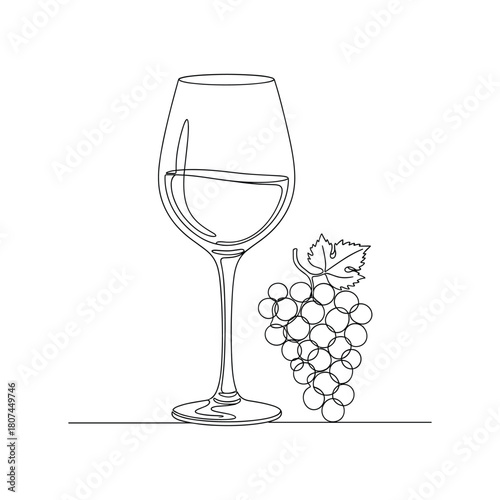 Hand drawn sketch of a wine glass and grapes on a white background