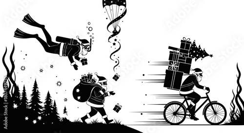 Santa claus delivering gifts in various ways silhouette