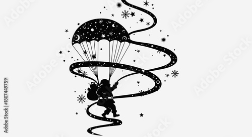 Santa claus skydiving with a decorative parachute and swirling ribbon silhouette