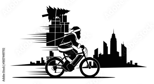 Santa claus riding an electric bike through a city skyline silhouette