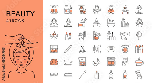 Sleek line icon collection for beauty and wellness, featuring spa treatments, cosmetics, and self-care symbols