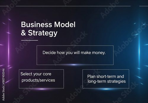 Business Model & Strategy slide with glowing neon gradients, modern dark-mode design, high clarity, and ample professional copy space.