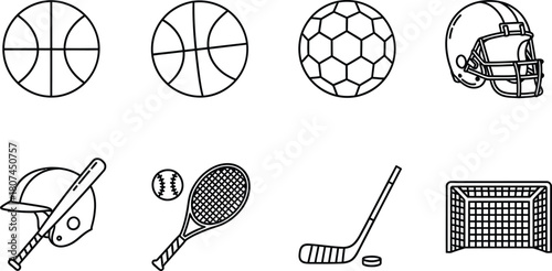 Team sports line icon set. Vector pictograms of basketball, soccer ball, football helmet, baseball bat, tennis racket, hockey stick, goalie net, thin linear illustration.