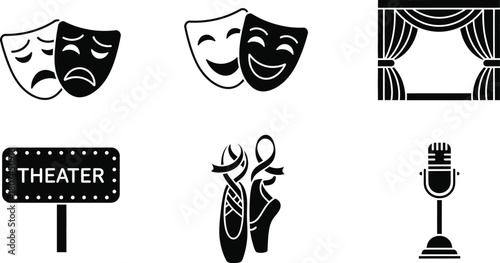 Theater and performing arts glyph icon set. Vector pictograms of tragedy mask, comedy mask, stage curtain, ballet slipper, microphone stand, black sign silhouette illustration.