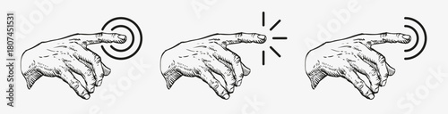 Vintage hand gesture icons showing tap, click and touch actions. Perfect for UI design, branding, posters, packaging and retro digital interfaces.