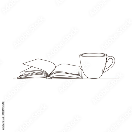 Simple line drawing of an open book next to a coffee cup