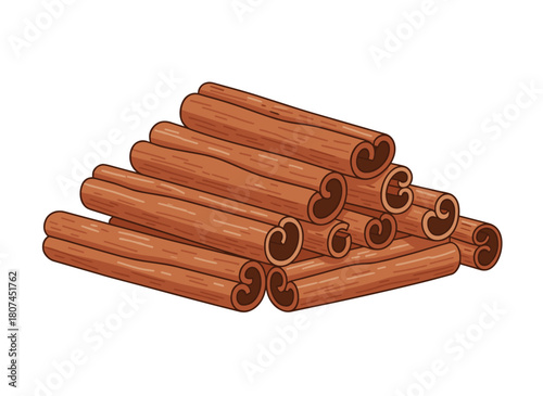 A detailed illustration of dry cinnamon sticks, a sweet aromatic winter spice, rendered as a colored hand‑drawn vector image set against a white background