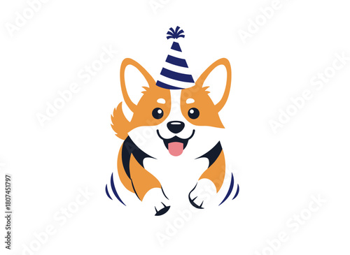 A cute Welsh Corgi puppy walking and looking up, depicted as a friendly, sweet, and obedient companion in a flat vector illustration on a white background