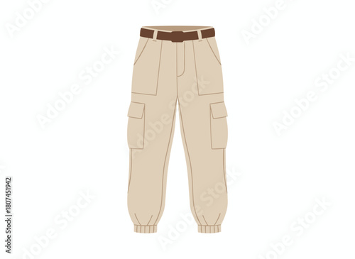 Modern women's trousers: casual cargo pants featuring elastic cuffs, a belt, and patch pockets, presented as a stylish garment in a flat vector illustration on a white background