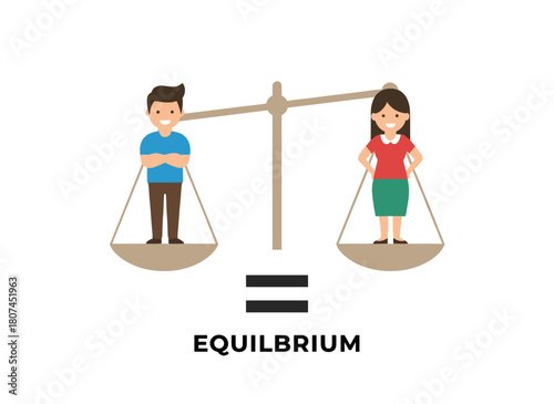 A cheerful man and woman stand atop the pans of a balance scale in a flat vector illustration, symbolizing gender equality, balanced relationships, emancipation, and partnership against a white