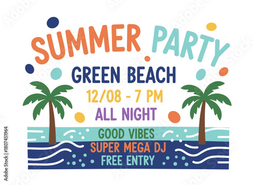 Seasonal web banner design featuring tropical palm trees, paint stains, blots, and scribbles for an outdoor summer dance event, illustrated as a vector for promotional advertising