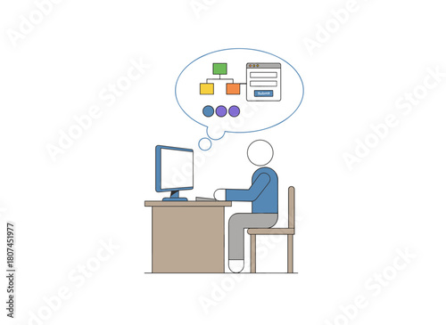 An online UX/UI design course featuring a person studying on a computer via the internet, a web designer in the workflow, a concept of distant virtual remote education, and a flat vector illustration