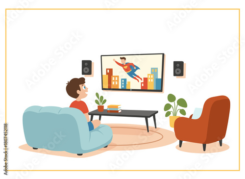 A young boy sits on the floor, watching a superhero or action movie on a TV set, enjoying home entertainment for kids in a colorful flat cartoon vector illustration