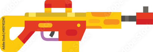 Stylized cartoon assault rifle weapon illustration, vibrant colors, flat design, isolated on white
