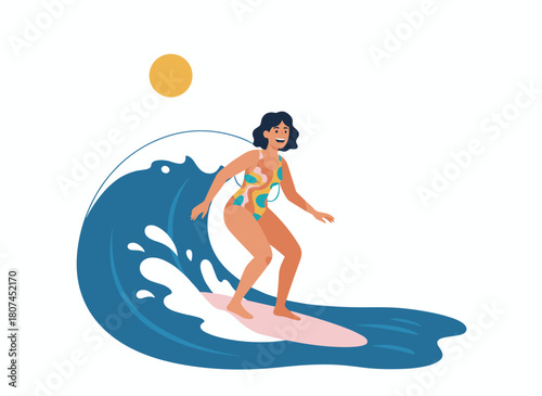 A female surfer joyfully rides a wave on her board, splashing in the ocean during a summer vacation, depicted as a flat vector illustration against a white background