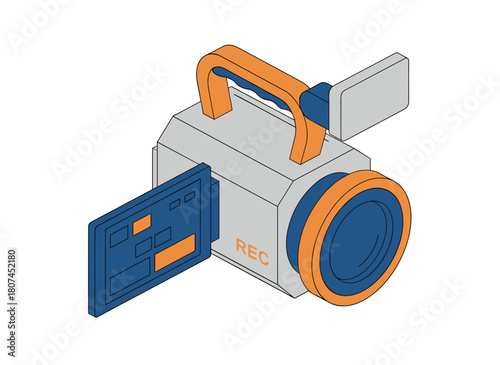 Isometric vector illustration of cartoon videography gear for shooting video or film, featuring a colorful professional digital camera set against a white background, representing a modern recording