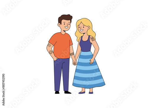 A cheerful hipster couple poses hand‑in‑hand in a flat vector illustration, featuring a smiling, tattooed man and woman set against a white background, exuding modern joy and positive vibes