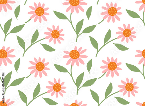 A sophisticated botanical seamless pattern featuring stunning echinacea blossoms, stems, and foliage on a white backdrop, hand‑drawn in a vintage style, ideal as a vector illustration for wallpaper