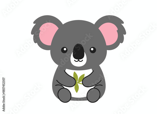 A cute koala munching on a leaf branch, a happy and funny baby animal enjoying green food, an adorable kawaii Australian bear with a plant, all depicted in a childish kids' nursery flat vector