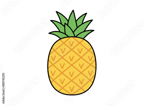 A doodle-style illustration of a pineapple with its leaf, a sweet tropical fruit depicted as an exotic ananas and a fresh summer food icon, highlighting ripe, healthy eating, presented as a flat