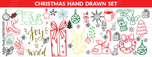 Christmas hand drawn set.Christmas hand drawn cute vintage doodle elements. Christmas tree, gift, star, bows, candy cane, baubles, cacao, confetti, snowflake, holly. Holiday retro decorations. Vector 