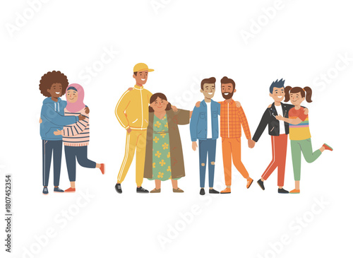 A set of portraits shows friends hugging, depicting happy young people supporting each other, symbolizing friendship, unity, and healthy relationships, rendered as a flat vector illustration on a