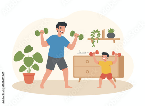 Illustration of brothers performing strength training at home, a family working out together, joyful boys—a teenager and a child—lifting dumbbells in a sports workout, presented as a flat vector