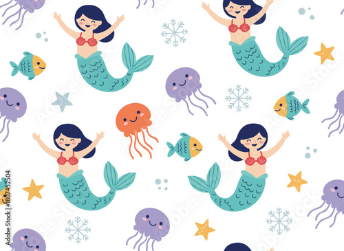 A seamless flat vector pattern of underwater inhabitants, featuring a mermaid with a seashell bra and tail, colorful cartoon characters in a fairy‑tale undersea world, including jellyfish and