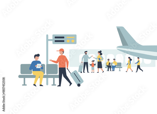 A flat cartoon vector illustration of men and women with suitcases waiting at an airport or bus station, with a group of passengers with luggage sitting on a bench, taking selfies, standing, and