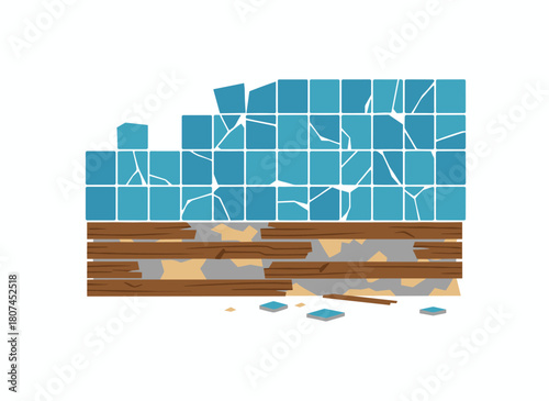 A shattered, ruined glass structure with a collapsed modern house facade, featuring broken windows and crushed walls, rendered as a flat vector illustration on a white background