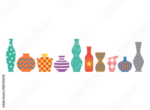 A collection of diverse pottery and clay crockery, including oriental, Turkish, and modern pots and flower vases in various sizes and shapes, serving as a home décor item, depicted as a flat vector